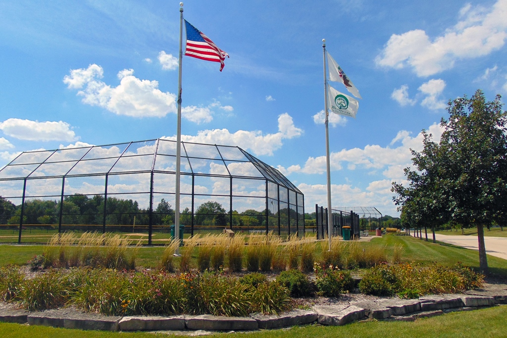 Heritage Oaks Park Baseball Diamond and Flags